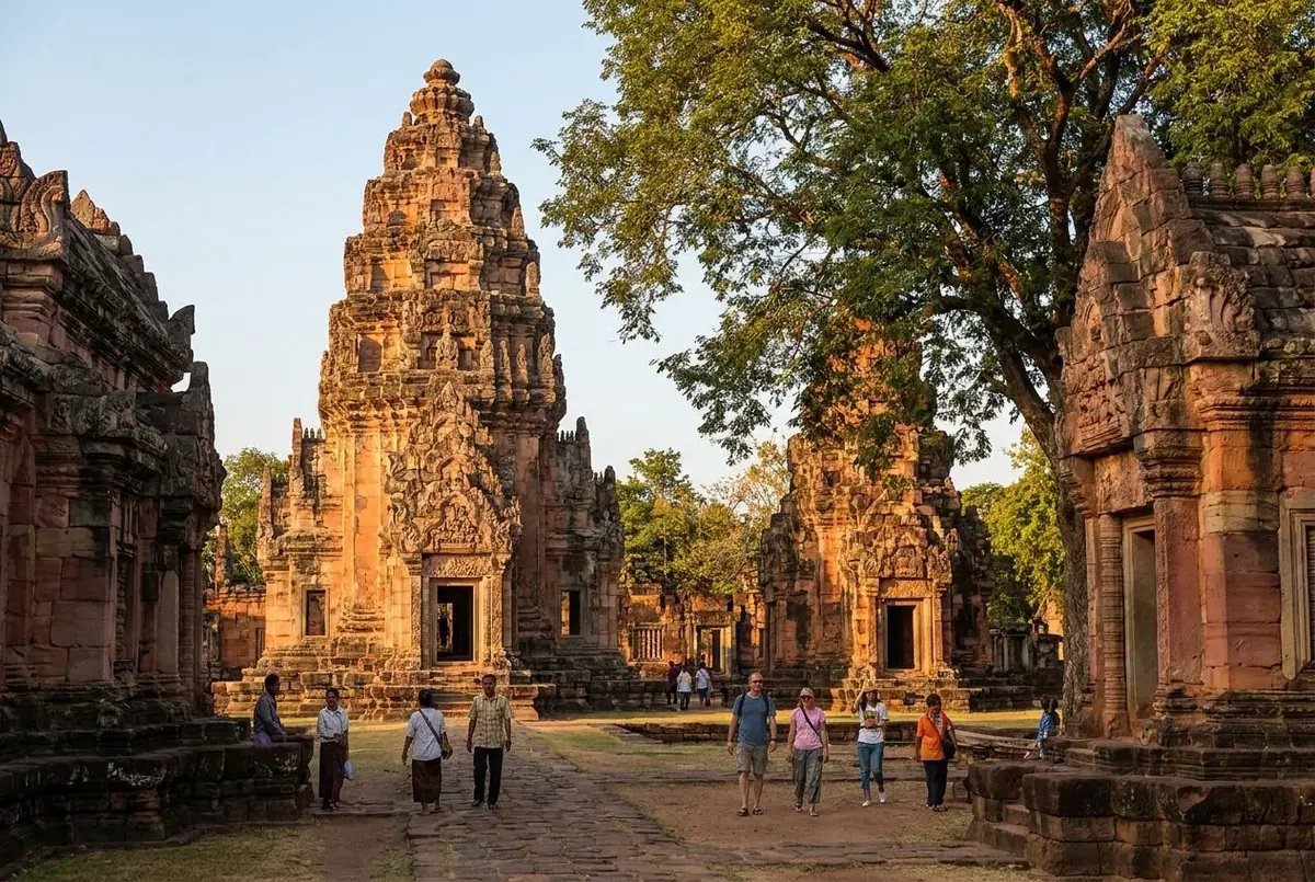 The Khmer sandstone temple of Phimai in Isan, north-eastern Thailand, in warm afternoon light